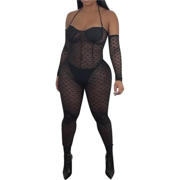 Sexy Mesh Black Leopard Jumpsuits for Women Bodycon Outfits Streetwear - Picture 3 of 5